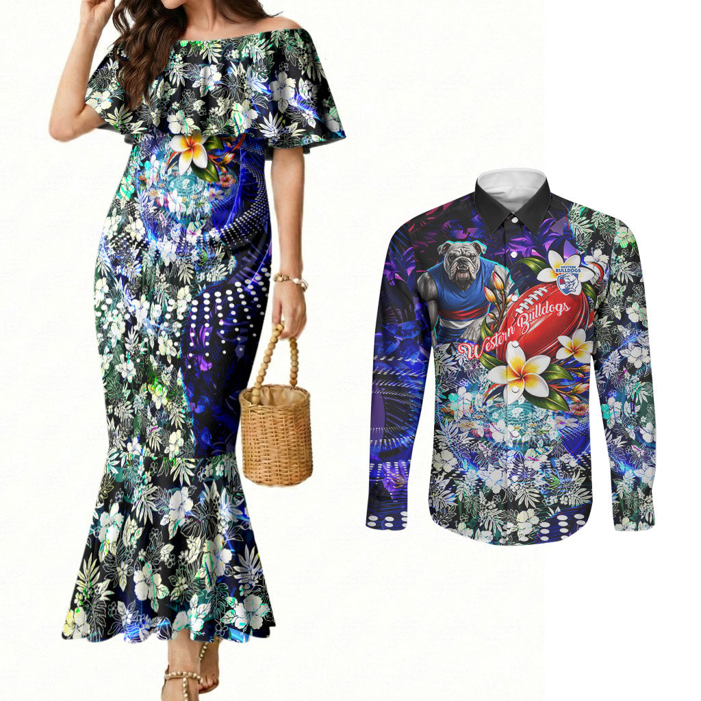 Personalized Western Bulldogs Football Couples Matching Mermaid Dress and Long Sleeve Button Shirt Tropical Hibiscus Flowers - Pacific Fusion Style