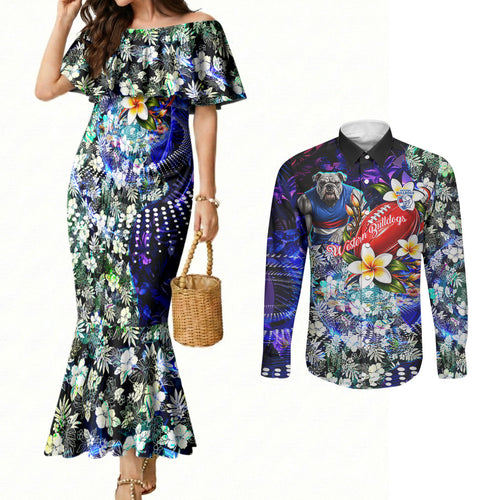 Personalized Western Bulldogs Football Couples Matching Mermaid Dress and Long Sleeve Button Shirt Tropical Hibiscus Flowers - Pacific Fusion Style
