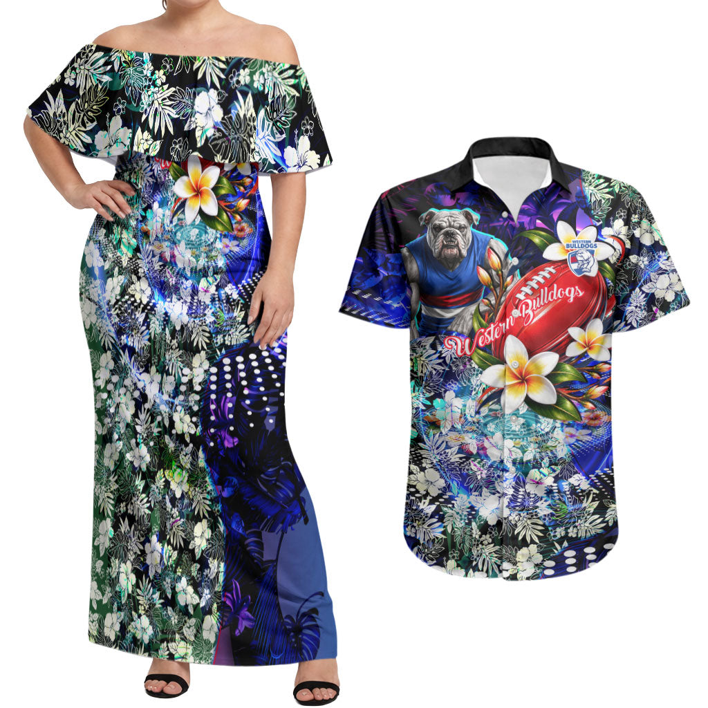 Personalized Western Bulldogs Football Couples Matching Off Shoulder Maxi Dress and Hawaiian Shirt Tropical Hibiscus Flowers - Pacific Fusion Style