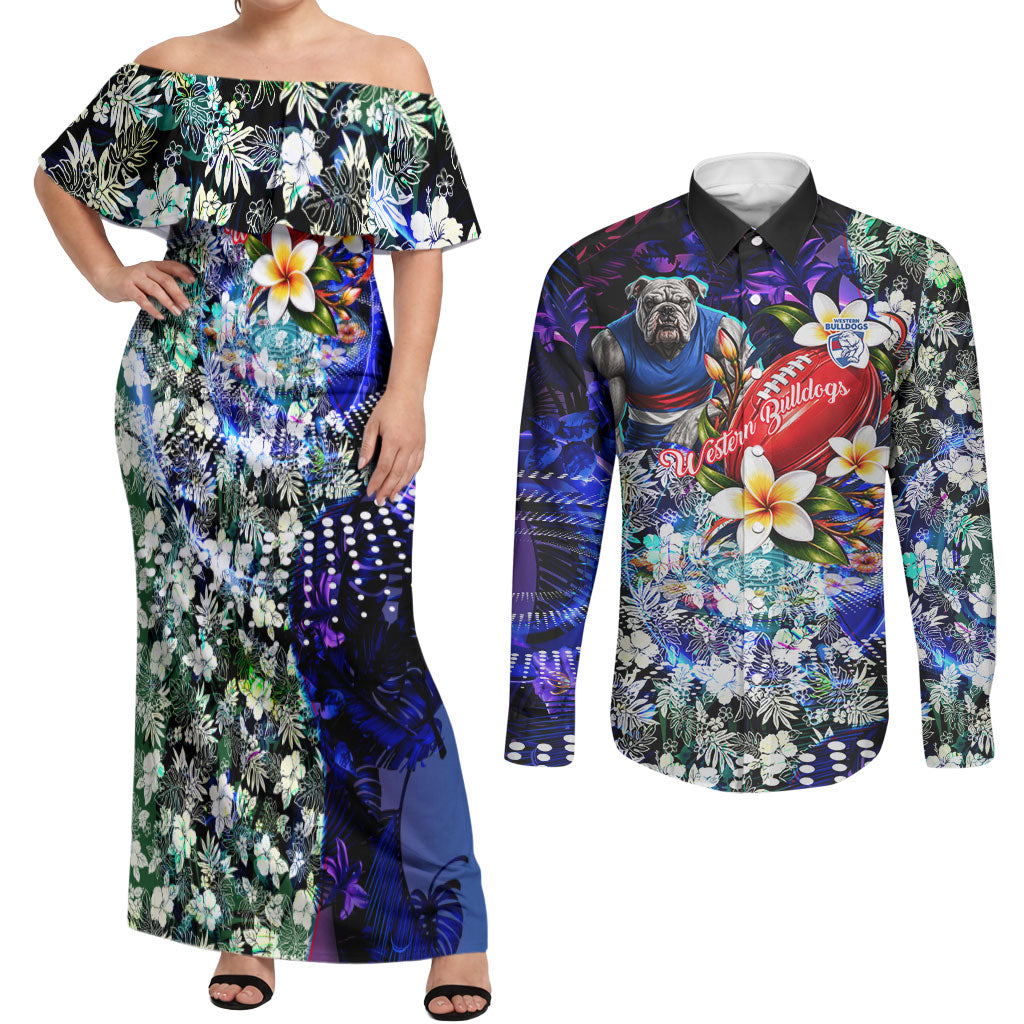 Personalized Western Bulldogs Football Couples Matching Off Shoulder Maxi Dress and Long Sleeve Button Shirt Tropical Hibiscus Flowers - Pacific Fusion Style