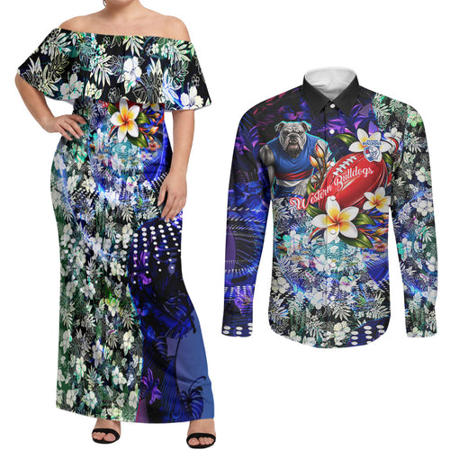 Personalized Western Bulldogs Football Couples Matching Off Shoulder Maxi Dress and Long Sleeve Button Shirt Tropical Hibiscus Flowers - Pacific Fusion Style