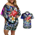 Personalized Western Bulldogs Football Couples Matching Off Shoulder Short Dress and Hawaiian Shirt Tropical Hibiscus Flowers - Pacific Fusion Style