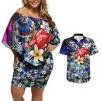Personalized Western Bulldogs Football Couples Matching Off Shoulder Short Dress and Hawaiian Shirt Tropical Hibiscus Flowers - Pacific Fusion Style