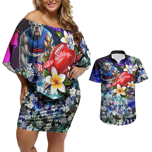 Personalized Western Bulldogs Football Couples Matching Off Shoulder Short Dress and Hawaiian Shirt Tropical Hibiscus Flowers - Pacific Fusion Style