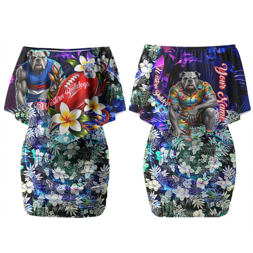 Personalized Western Bulldogs Football Couples Matching Off Shoulder Short Dress and Hawaiian Shirt Tropical Hibiscus Flowers - Pacific Fusion Style
