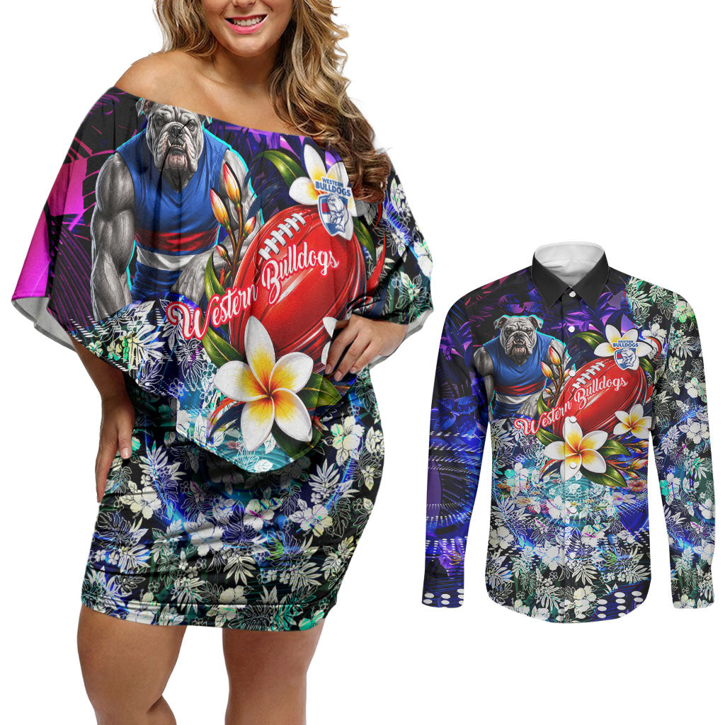 Personalized Western Bulldogs Football Couples Matching Off Shoulder Short Dress and Long Sleeve Button Shirt Tropical Hibiscus Flowers - Pacific Fusion Style