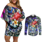 Personalized Western Bulldogs Football Couples Matching Off Shoulder Short Dress and Long Sleeve Button Shirt Tropical Hibiscus Flowers - Pacific Fusion Style