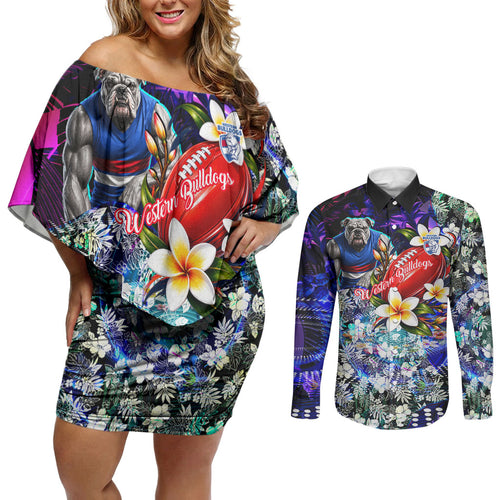 Personalized Western Bulldogs Football Couples Matching Off Shoulder Short Dress and Long Sleeve Button Shirt Tropical Hibiscus Flowers - Pacific Fusion Style