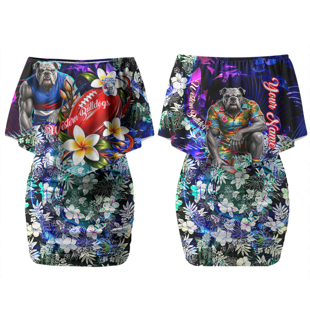 Personalized Western Bulldogs Football Couples Matching Off Shoulder Short Dress and Long Sleeve Button Shirt Tropical Hibiscus Flowers - Pacific Fusion Style