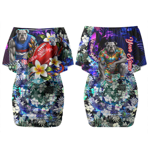 Personalized Western Bulldogs Football Couples Matching Off Shoulder Short Dress and Long Sleeve Button Shirt Tropical Hibiscus Flowers - Pacific Fusion Style