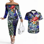 Personalized Western Bulldogs Football Couples Matching Off The Shoulder Long Sleeve Dress and Hawaiian Shirt Tropical Hibiscus Flowers - Pacific Fusion Style