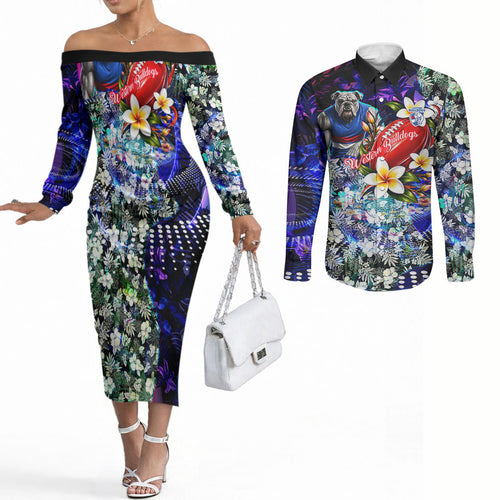 Personalized Western Bulldogs Football Couples Matching Off The Shoulder Long Sleeve Dress and Long Sleeve Button Shirt Tropical Hibiscus Flowers - Pacific Fusion Style