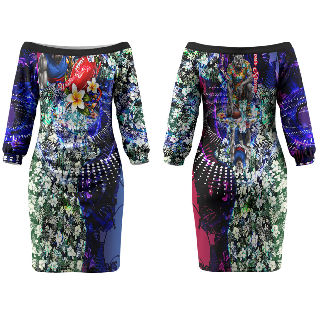 Personalized Western Bulldogs Football Couples Matching Off The Shoulder Long Sleeve Dress and Long Sleeve Button Shirt Tropical Hibiscus Flowers - Pacific Fusion Style