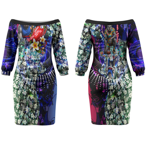 Personalized Western Bulldogs Football Couples Matching Off The Shoulder Long Sleeve Dress and Long Sleeve Button Shirt Tropical Hibiscus Flowers - Pacific Fusion Style