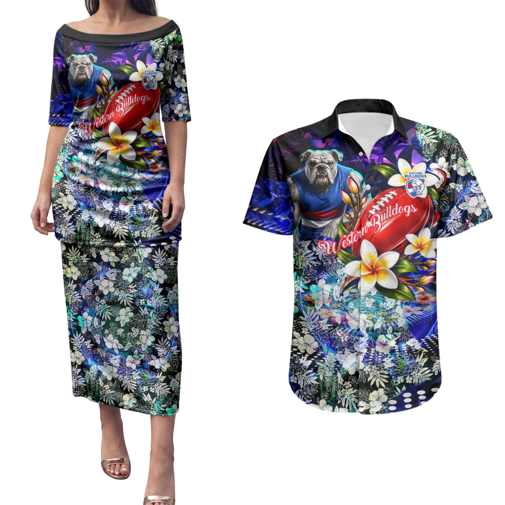 Personalized Western Bulldogs Football Couples Matching Puletasi and Hawaiian Shirt Tropical Hibiscus Flowers - Pacific Fusion Style