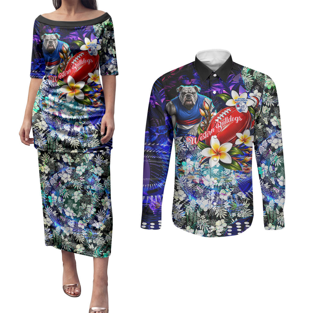 Personalized Western Bulldogs Football Couples Matching Puletasi and Long Sleeve Button Shirt Tropical Hibiscus Flowers - Pacific Fusion Style