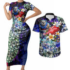Personalized Western Bulldogs Football Couples Matching Short Sleeve Bodycon Dress and Hawaiian Shirt Tropical Hibiscus Flowers - Pacific Fusion Style