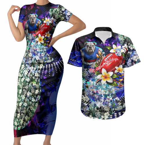 Personalized Western Bulldogs Football Couples Matching Short Sleeve Bodycon Dress and Hawaiian Shirt Tropical Hibiscus Flowers - Pacific Fusion Style