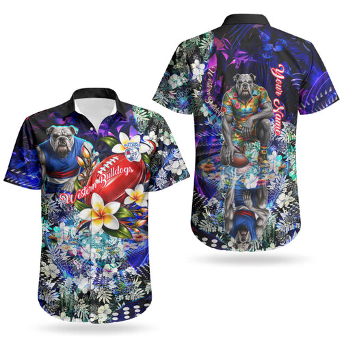 Personalized Western Bulldogs Football Couples Matching Short Sleeve Bodycon Dress and Hawaiian Shirt Tropical Hibiscus Flowers - Pacific Fusion Style