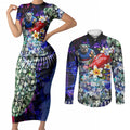 Personalized Western Bulldogs Football Couples Matching Short Sleeve Bodycon Dress and Long Sleeve Button Shirt Tropical Hibiscus Flowers - Pacific Fusion Style
