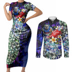 Personalized Western Bulldogs Football Couples Matching Short Sleeve Bodycon Dress and Long Sleeve Button Shirt Tropical Hibiscus Flowers - Pacific Fusion Style