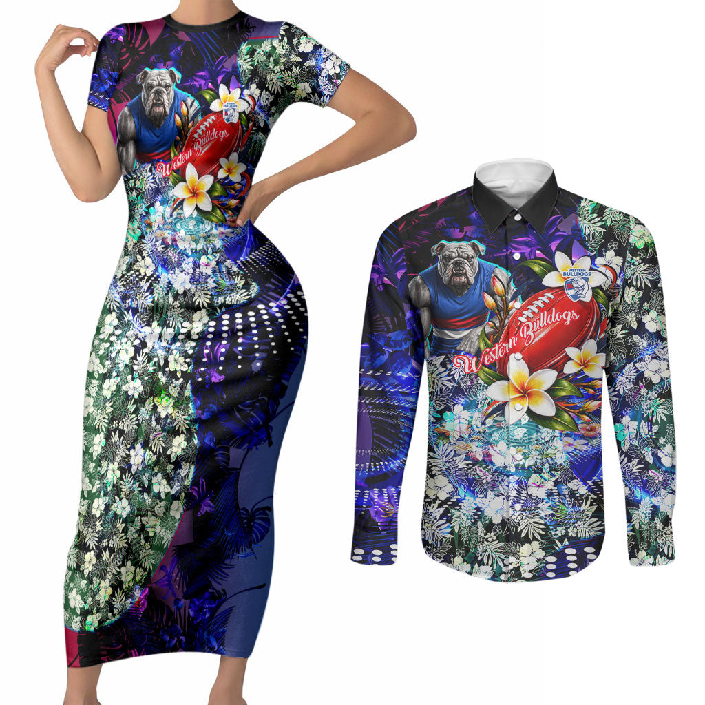 Personalized Western Bulldogs Football Couples Matching Short Sleeve Bodycon Dress and Long Sleeve Button Shirt Tropical Hibiscus Flowers - Pacific Fusion Style
