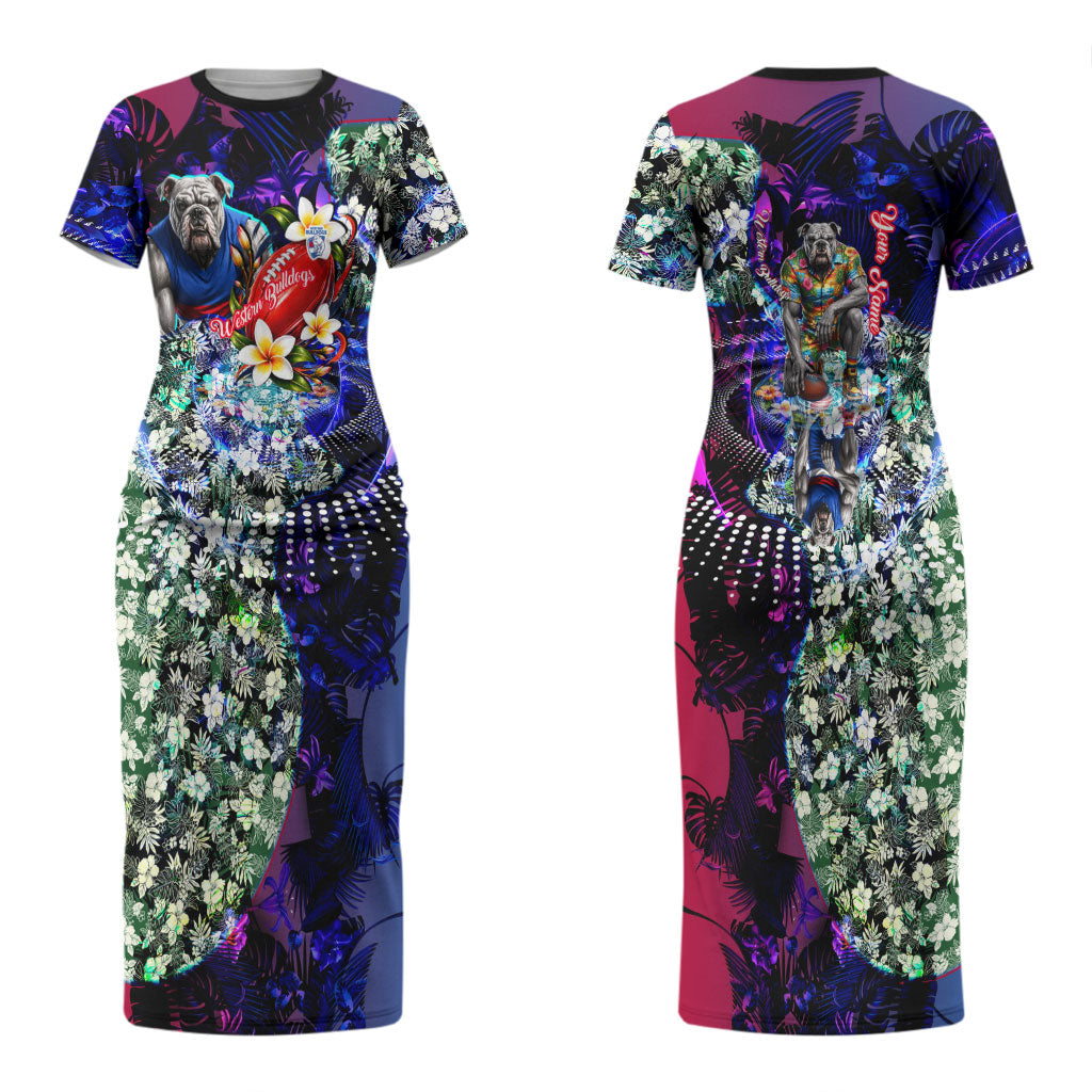 Personalized Western Bulldogs Football Couples Matching Short Sleeve Bodycon Dress and Long Sleeve Button Shirt Tropical Hibiscus Flowers - Pacific Fusion Style