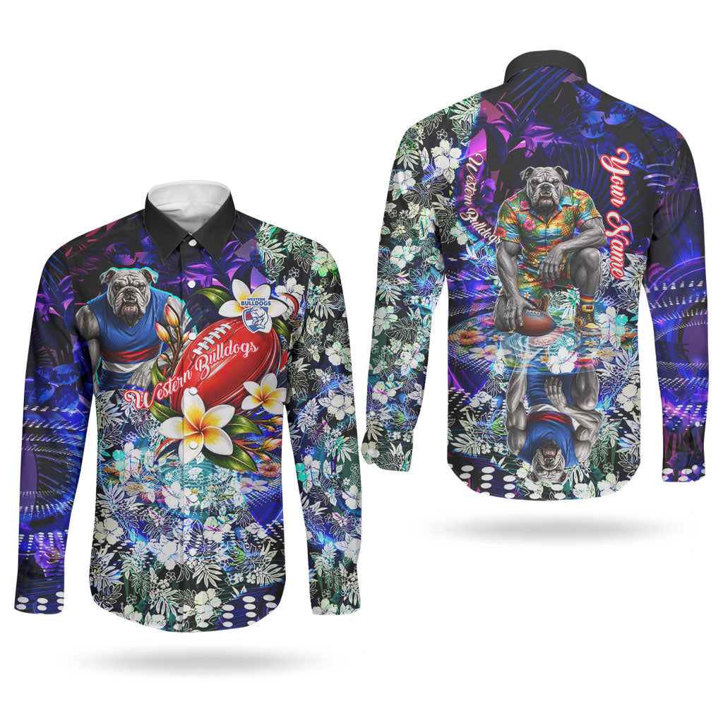 Personalized Western Bulldogs Football Couples Matching Summer Maxi Dress and Long Sleeve Button Shirt Tropical Hibiscus Flowers - Pacific Fusion Style