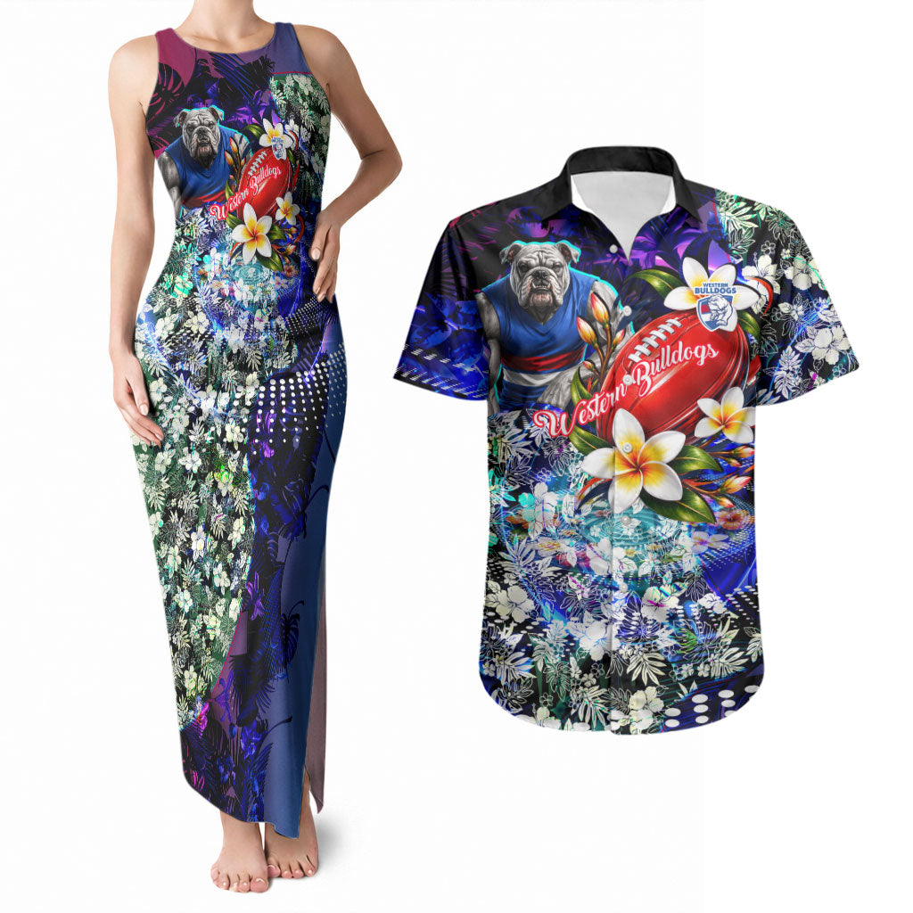 Personalized Western Bulldogs Football Couples Matching Tank Maxi Dress and Hawaiian Shirt Tropical Hibiscus Flowers - Pacific Fusion Style