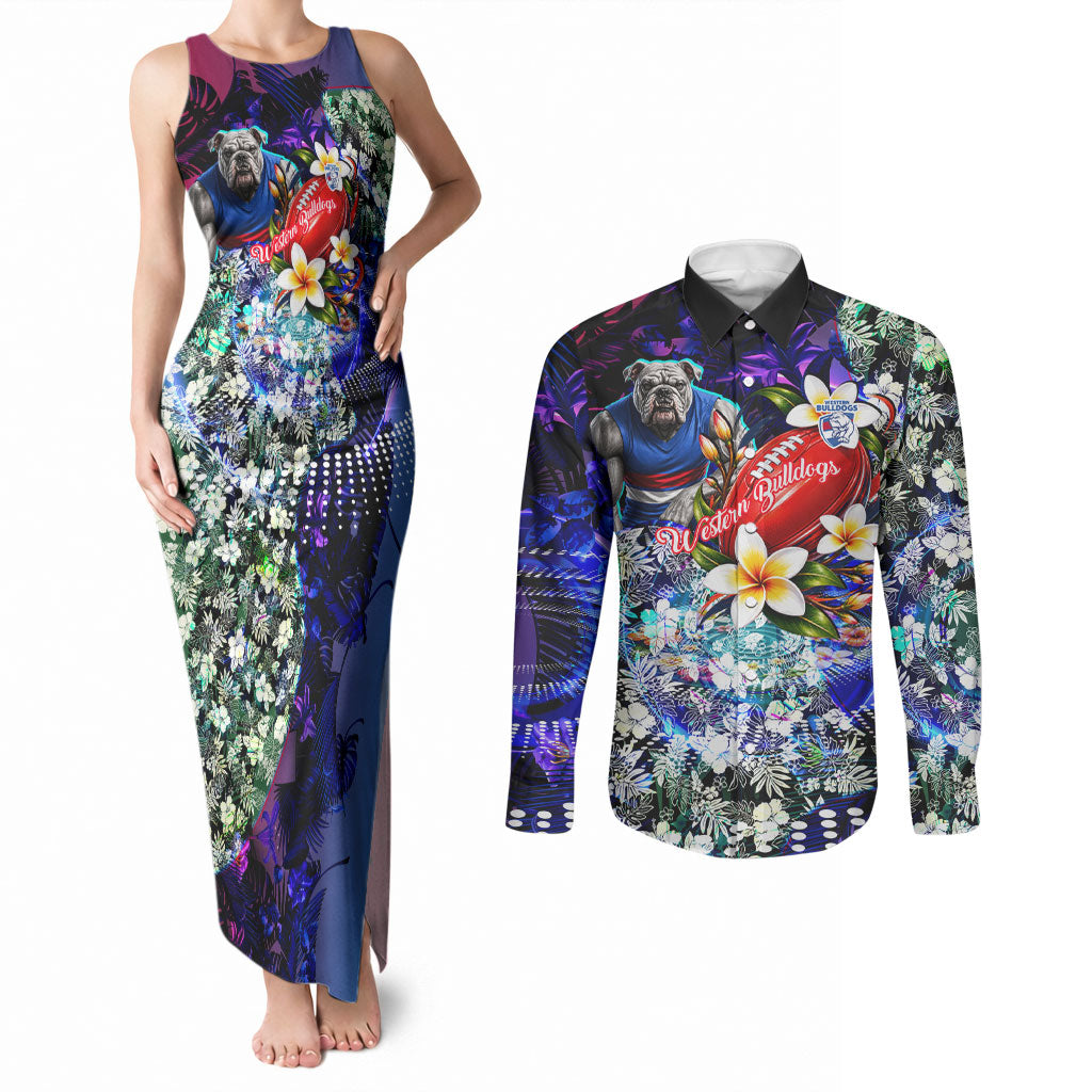 Personalized Western Bulldogs Football Couples Matching Tank Maxi Dress and Long Sleeve Button Shirt Tropical Hibiscus Flowers - Pacific Fusion Style