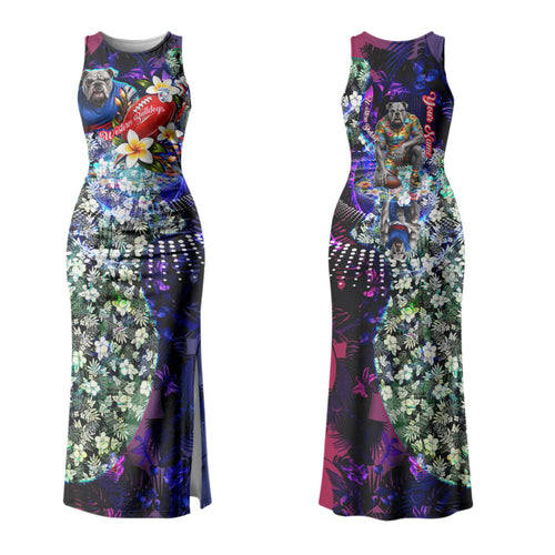 Personalized Western Bulldogs Football Couples Matching Tank Maxi Dress and Long Sleeve Button Shirt Tropical Hibiscus Flowers - Pacific Fusion Style