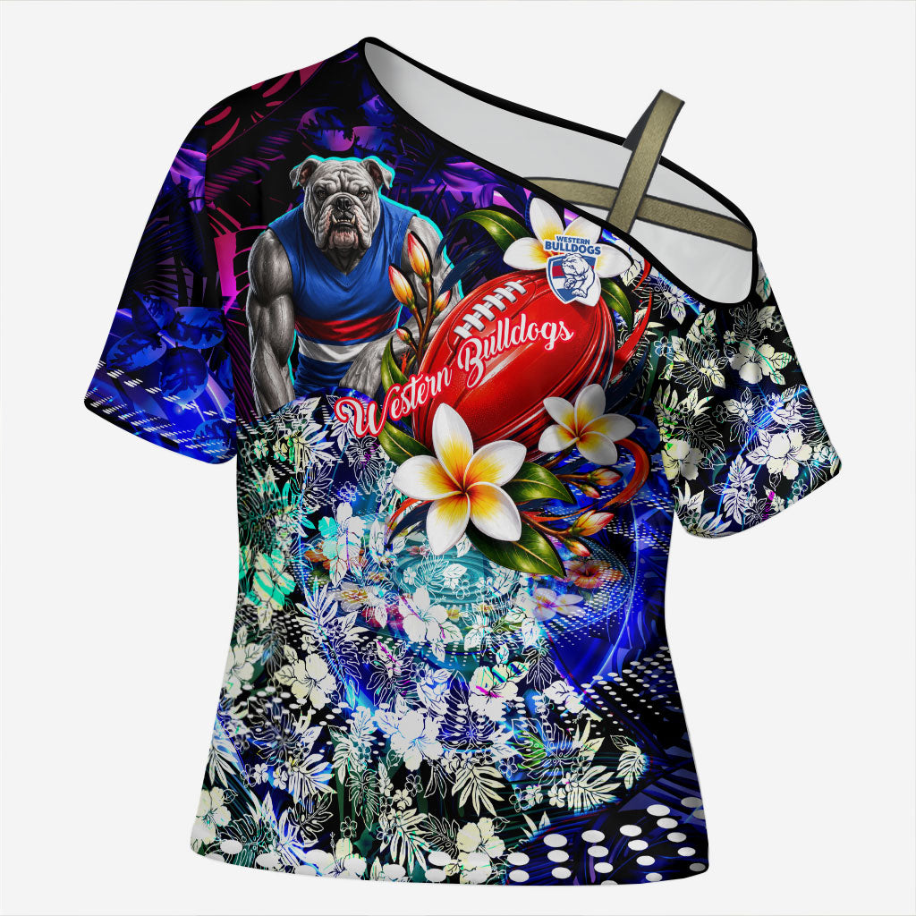 Personalized Western Bulldogs Football Cross Shoulder Shirt Tropical Hibiscus Flowers - Pacific Fusion Style