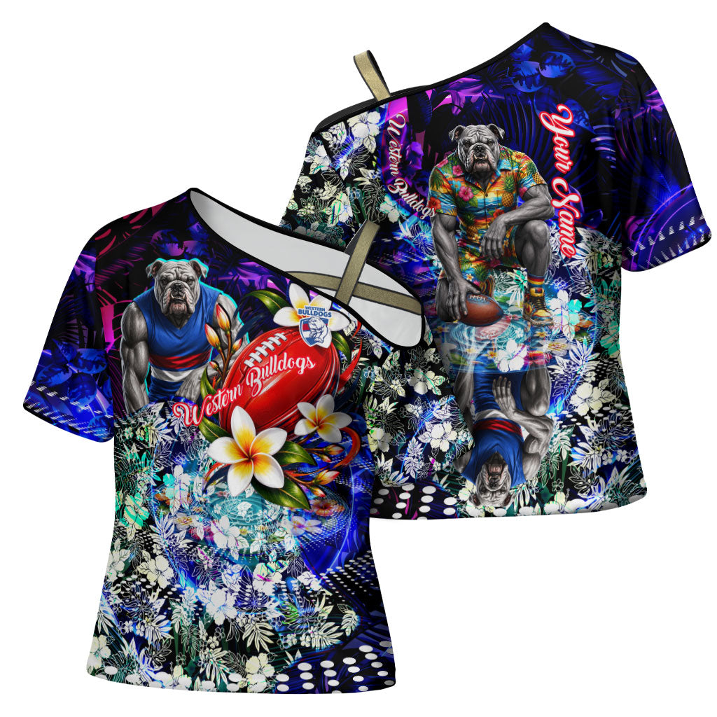 Personalized Western Bulldogs Football Cross Shoulder Shirt Tropical Hibiscus Flowers - Pacific Fusion Style