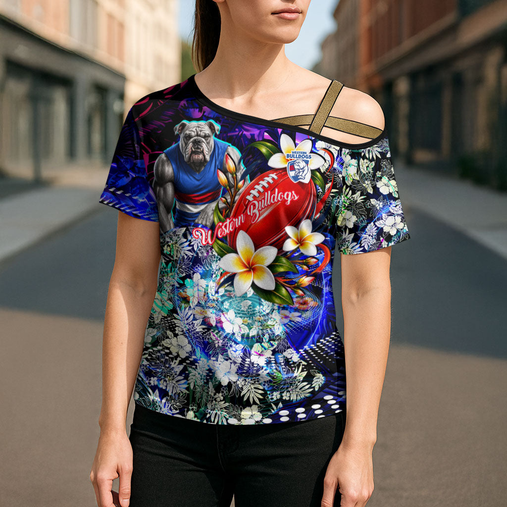 Personalized Western Bulldogs Football Cross Shoulder Shirt Tropical Hibiscus Flowers - Pacific Fusion Style