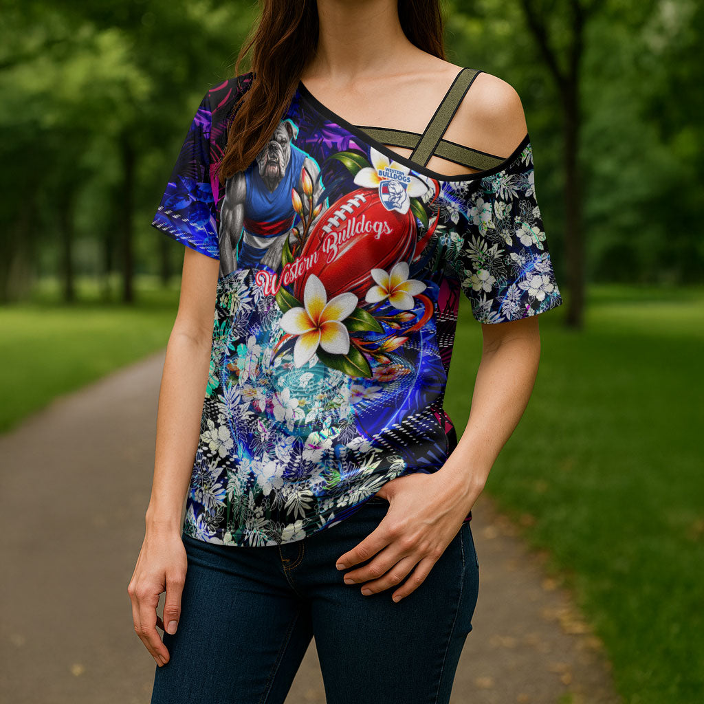 Personalized Western Bulldogs Football Cross Shoulder Shirt Tropical Hibiscus Flowers - Pacific Fusion Style
