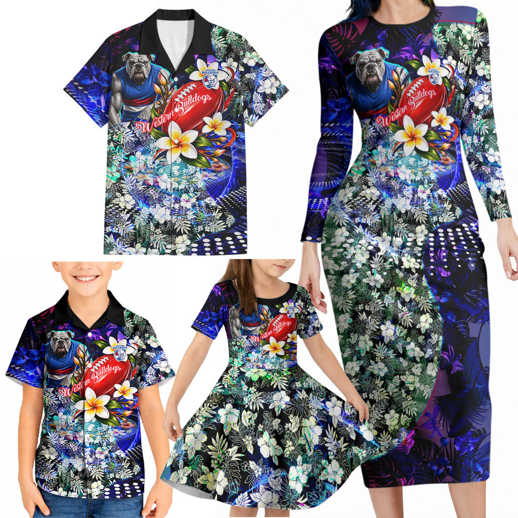 Personalized Western Bulldogs Football Family Matching Long Sleeve Bodycon Dress and Hawaiian Shirt Tropical Hibiscus Flowers - Pacific Fusion Style