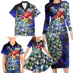 Personalized Western Bulldogs Football Family Matching Long Sleeve Bodycon Dress and Hawaiian Shirt Tropical Hibiscus Flowers - Pacific Fusion Style