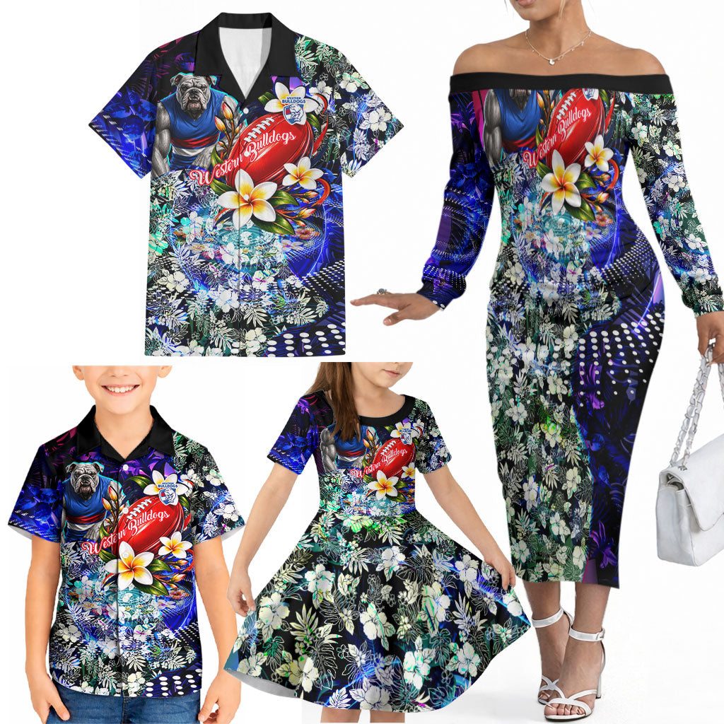 Personalized Western Bulldogs Football Family Matching Off The Shoulder Long Sleeve Dress and Hawaiian Shirt Tropical Hibiscus Flowers - Pacific Fusion Style