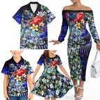 Personalized Western Bulldogs Football Family Matching Off The Shoulder Long Sleeve Dress and Hawaiian Shirt Tropical Hibiscus Flowers - Pacific Fusion Style