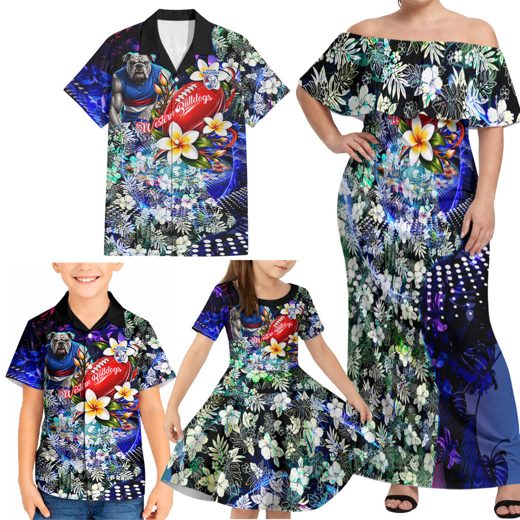 Personalized Western Bulldogs Football Family Matching Off Shoulder Maxi Dress and Hawaiian Shirt Tropical Hibiscus Flowers - Pacific Fusion Style