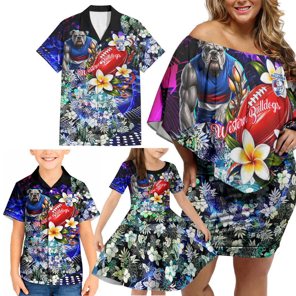 Personalized Western Bulldogs Football Family Matching Off Shoulder Short Dress and Hawaiian Shirt Tropical Hibiscus Flowers - Pacific Fusion Style