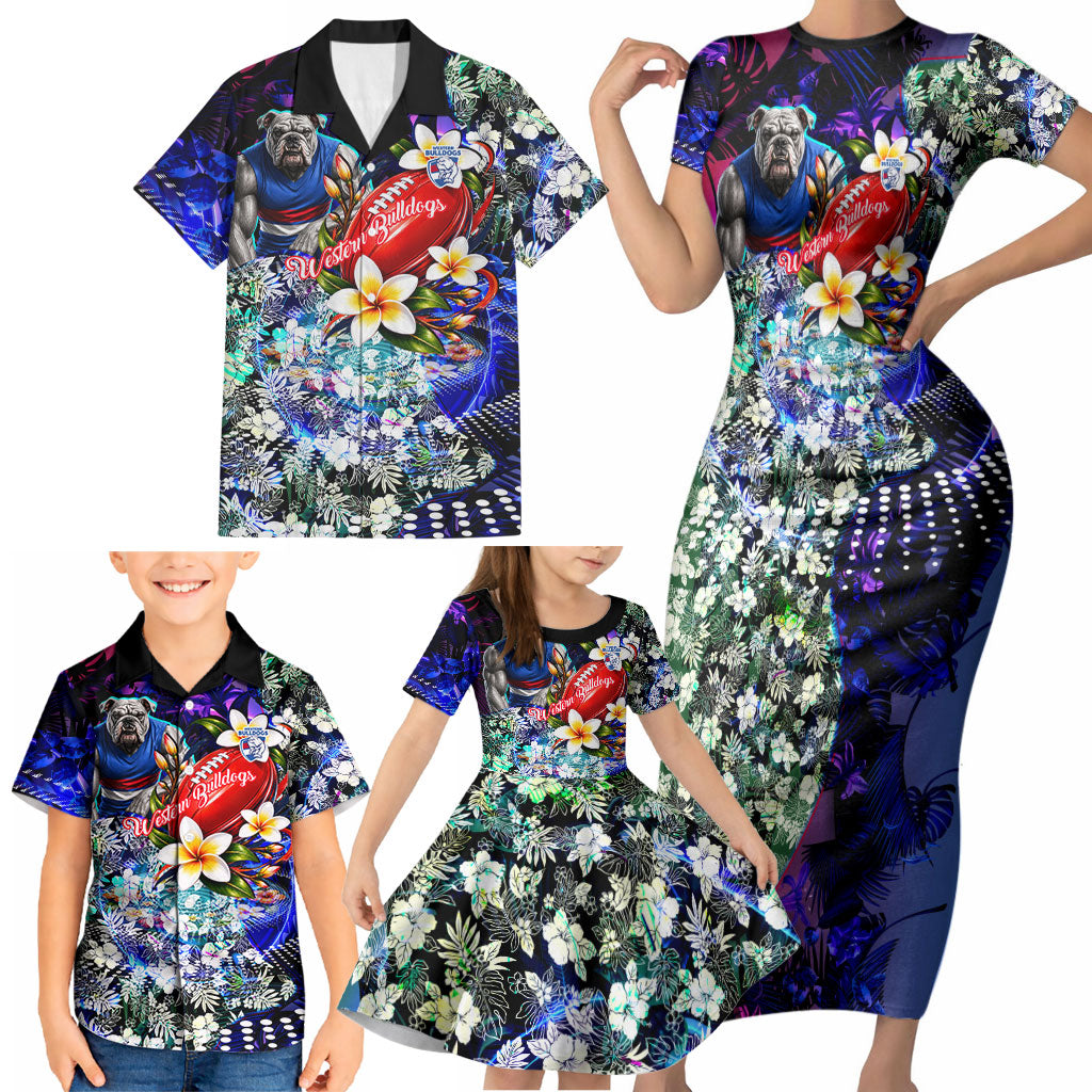 Personalized Western Bulldogs Football Family Matching Short Sleeve Bodycon Dress and Hawaiian Shirt Tropical Hibiscus Flowers - Pacific Fusion Style