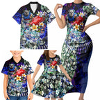 Personalized Western Bulldogs Football Family Matching Short Sleeve Bodycon Dress and Hawaiian Shirt Tropical Hibiscus Flowers - Pacific Fusion Style