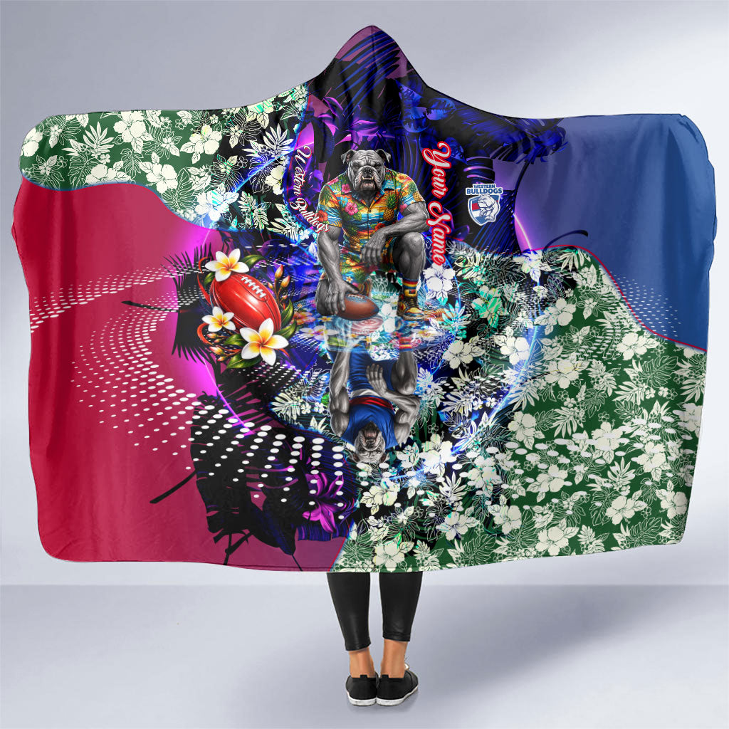 Personalized Western Bulldogs Football Hooded Blanket Tropical Hibiscus Flowers - Pacific Fusion Style