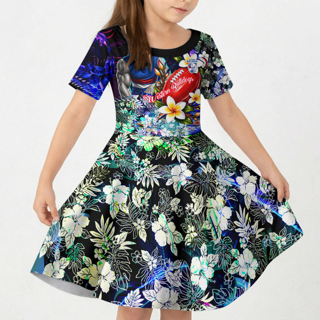 Personalized Western Bulldogs Football Kid Short Sleeve Dress Tropical Hibiscus Flowers - Pacific Fusion Style