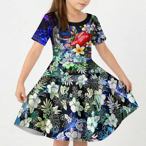 Personalized Western Bulldogs Football Kid Short Sleeve Dress Tropical Hibiscus Flowers - Pacific Fusion Style