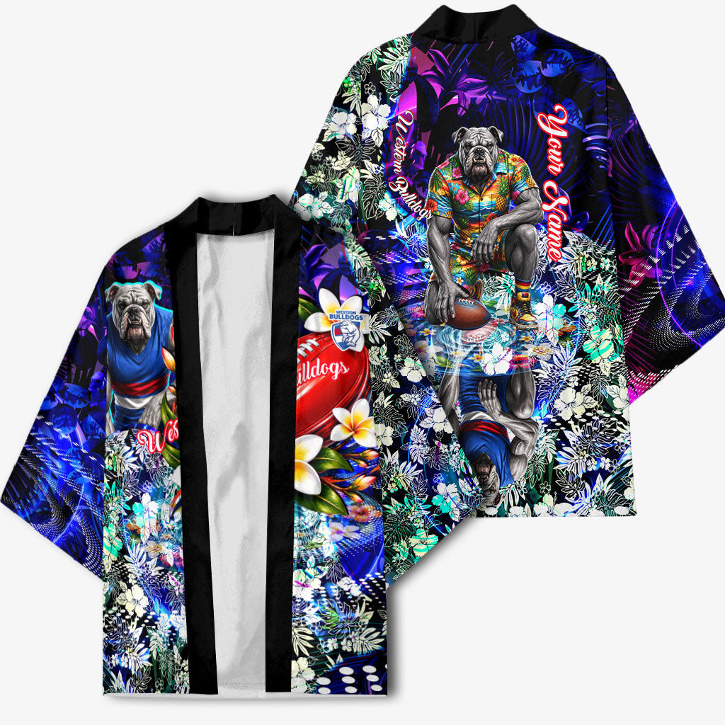 Personalized Western Bulldogs Football Kimono Tropical Hibiscus Flowers - Pacific Fusion Style