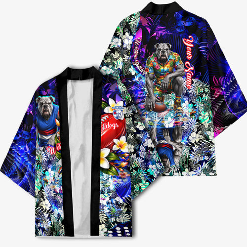 Personalized Western Bulldogs Football Kimono Tropical Hibiscus Flowers - Pacific Fusion Style