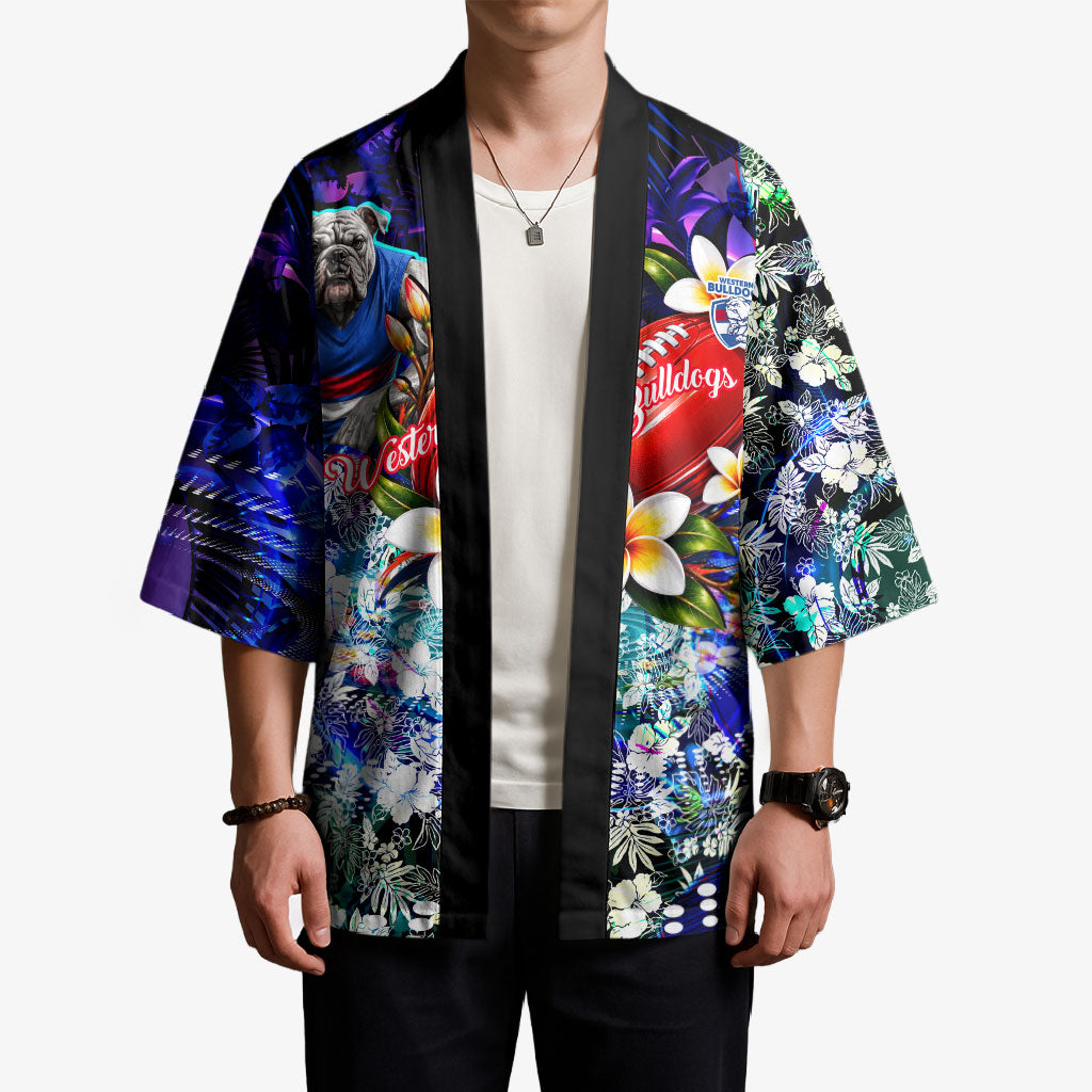 Personalized Western Bulldogs Football Kimono Tropical Hibiscus Flowers - Pacific Fusion Style