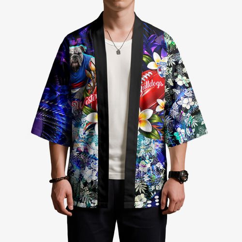 Personalized Western Bulldogs Football Kimono Tropical Hibiscus Flowers - Pacific Fusion Style
